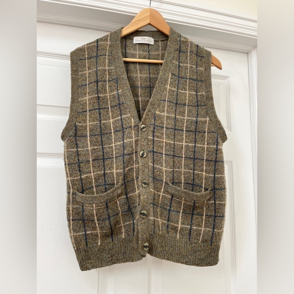 St. Michael from Marks & Spencer Shetland wool khaki green plaid men’s vest
